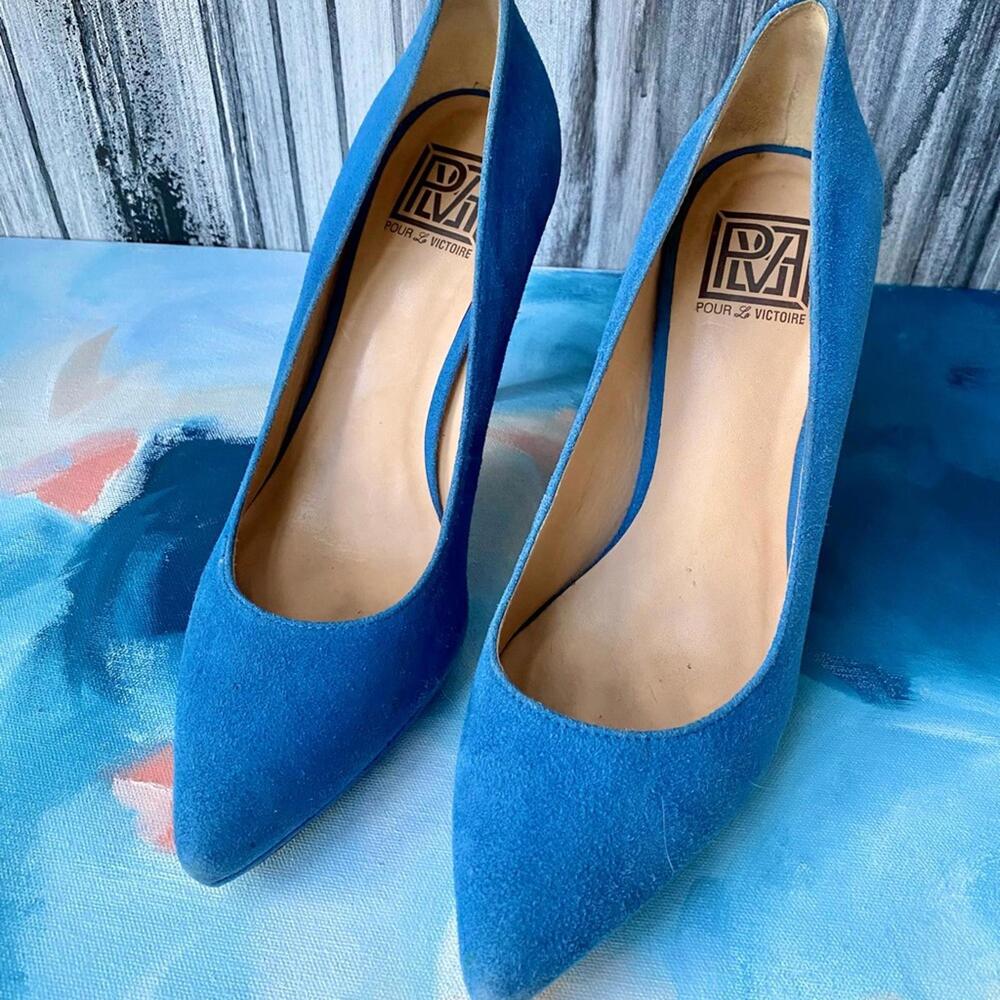 Pour La Victoire Blue Suede Heels Pointed Toe 9.5 - Picture 2 of 9